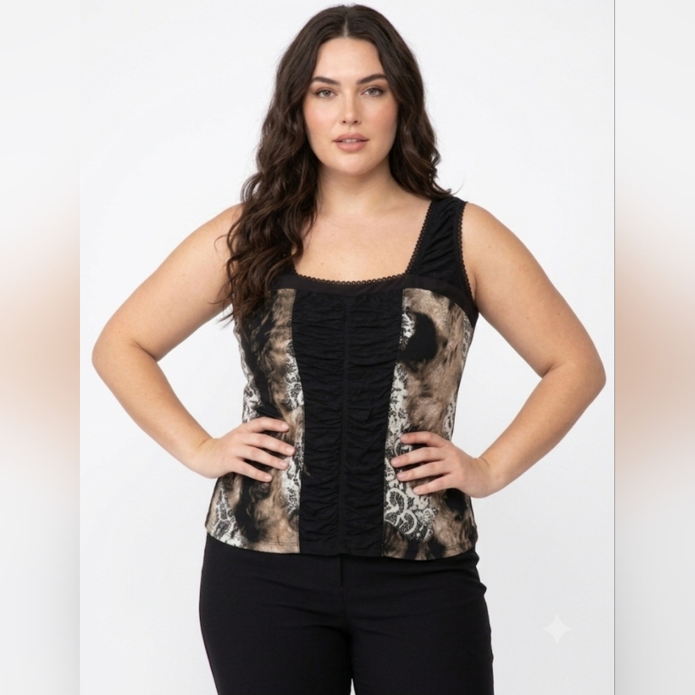 ✨ Frank Lyman Design Animal Print & Lace Ruched Tank Top Size 16 🐆🖤
​